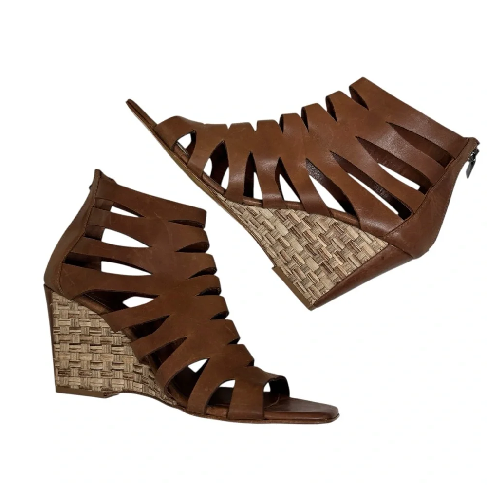 Aquatalia‎ Brown Leather Cage Woven Wedge Sandals Womens Size 9.5